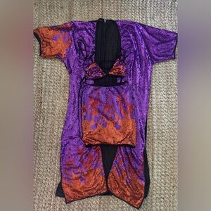 Go guy Sequin purple red black flames Halter Bralette and kimono Skirt Set